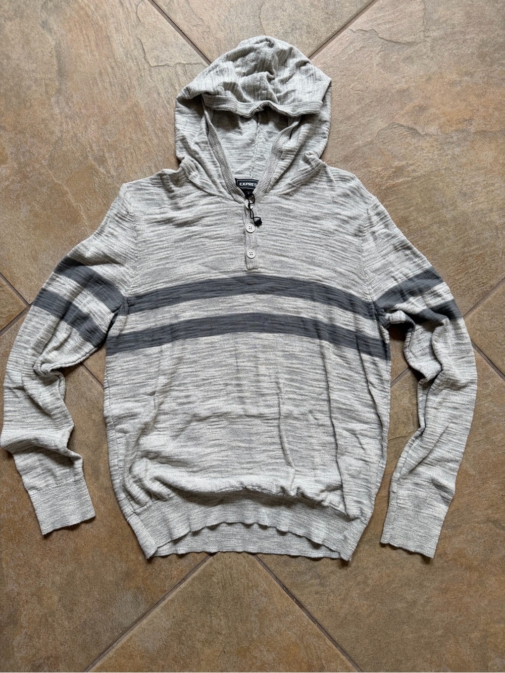 Express Men's Light Gray Hooded Sweater with Dark Gray Stripes